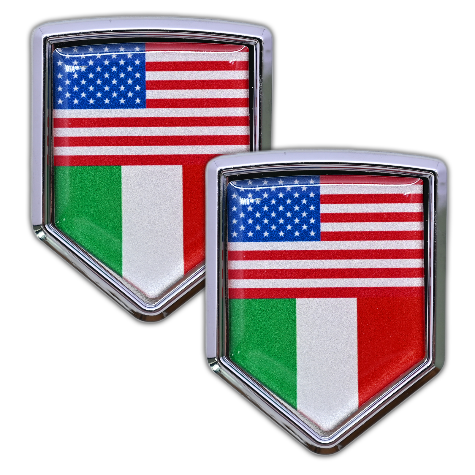 2-Pack USA and Italy Flag Car Chrome 3D Emblem Decal Stickers, Aluminum Alloy Shield Shape, Premium Metal Badge for Cars, Trucks, SUVs – Easy Peel and Stick, Durable, Ideal for USA-Italy Relations