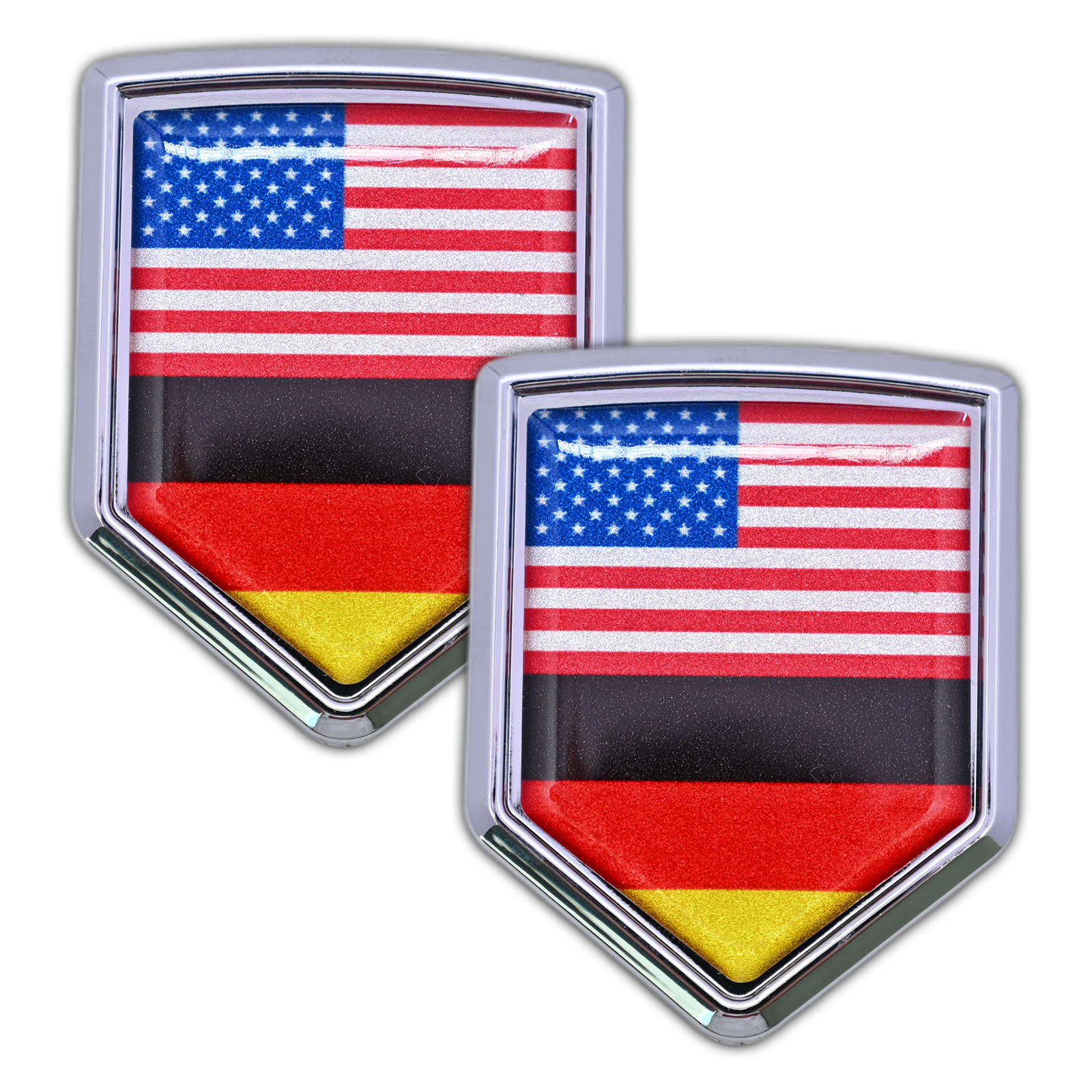2-Pack USA and Germany Flag Car Chrome 3D Emblem Decal Stickers, Aluminum Alloy Shield Shape, Premium Metal Badge for Cars, Trucks, SUVs – Easy Peel and Stick, Durable, Ideal for USA-Germany Relations