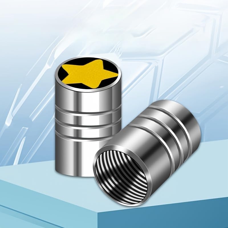 Set of four Chrome metal valve stem caps with a yellow star design, showing threaded interior and decorative top for car, bike, or motorcycle use.