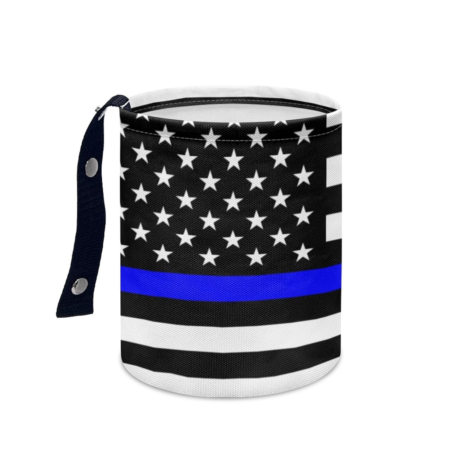 USA Thin Blue Line Flag Car Trash Can – Adjustable Strap, Waterproof, Foldable, Portable – Durable Polyester, Space-Saving, Ideal for Cars, Trucks, SUVs, Offices, Law Enforcement Support