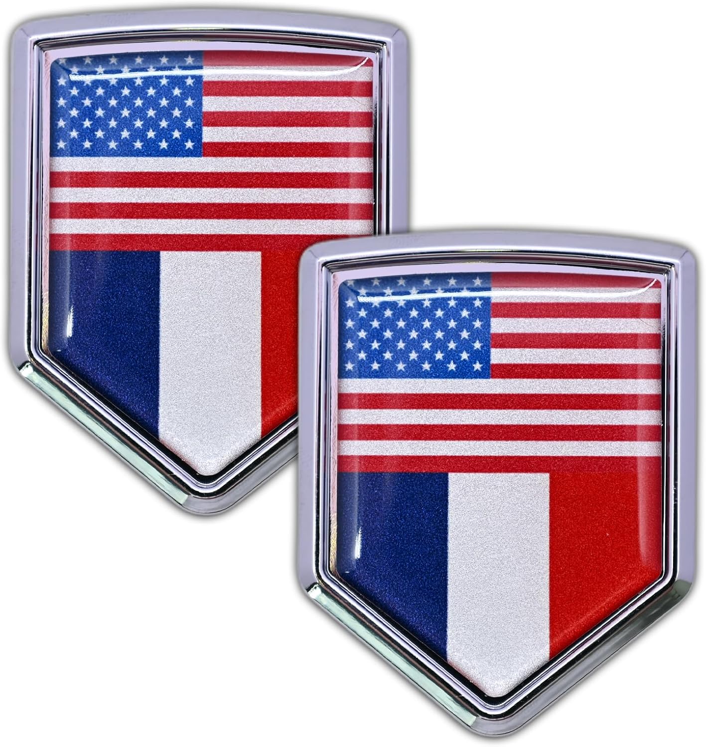 2-Pack USA and France Flag Car Chrome 3D Emblem Decal Sticker, Aluminum Alloy Shield Shape, Premium Metal Badge for Cars, Trucks, SUVs – Easy Peel and Stick, Durable, Ideal for USA-France Relations