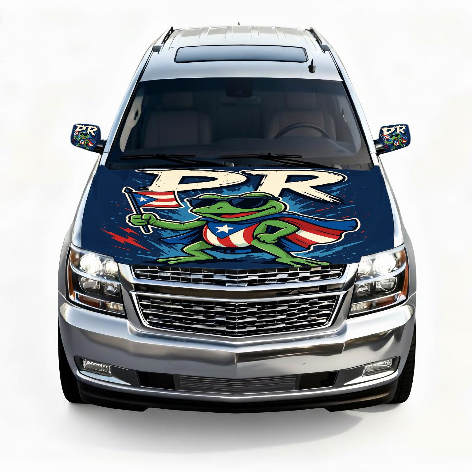 Xalvoria PR Coqui frog Puerto Rico flag car hood cover installed on SUV with matching mirror covers