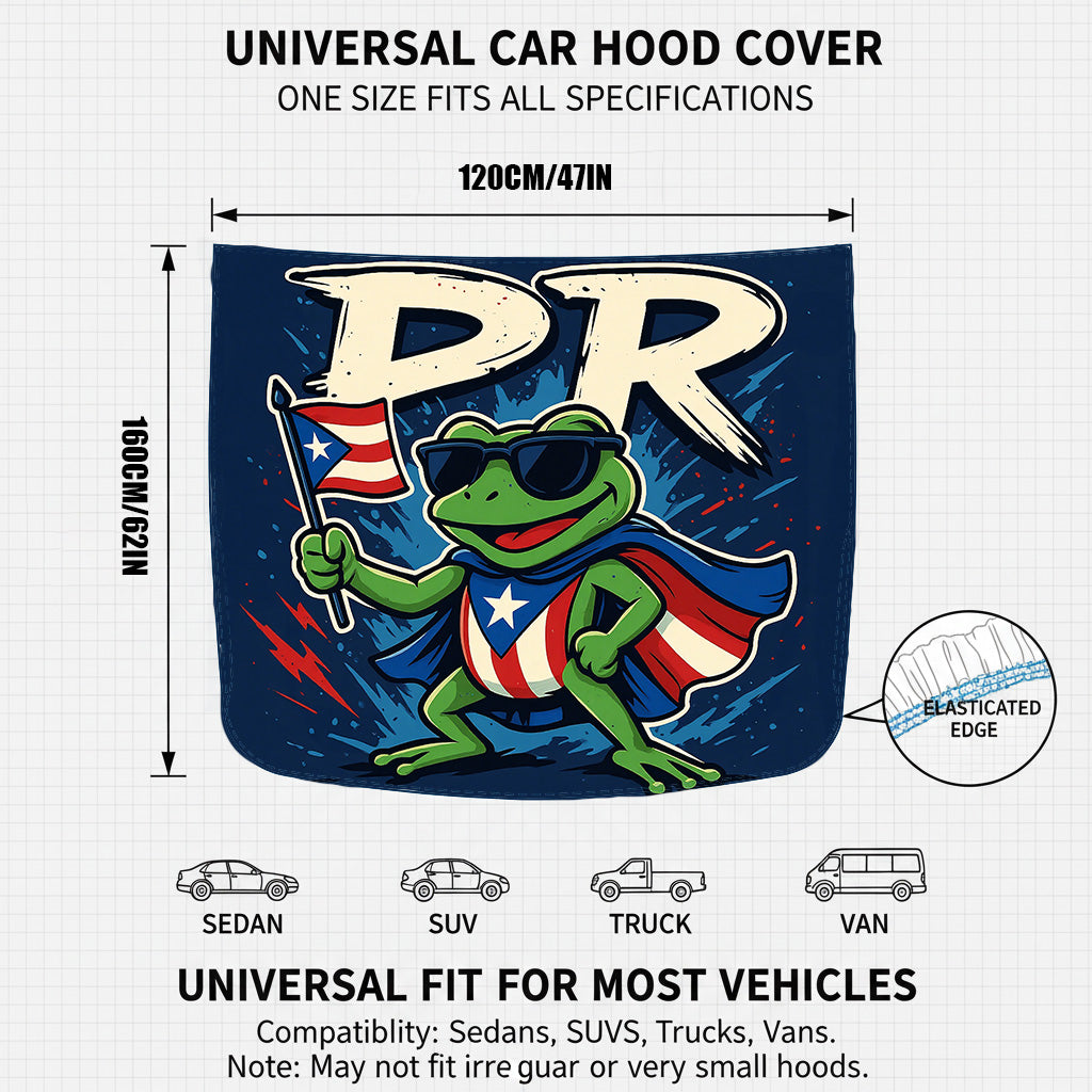 Xalvoria PR Coqui Frog car hood cover size diagram showing 47in width and 62in height with universal vehicle compatibility