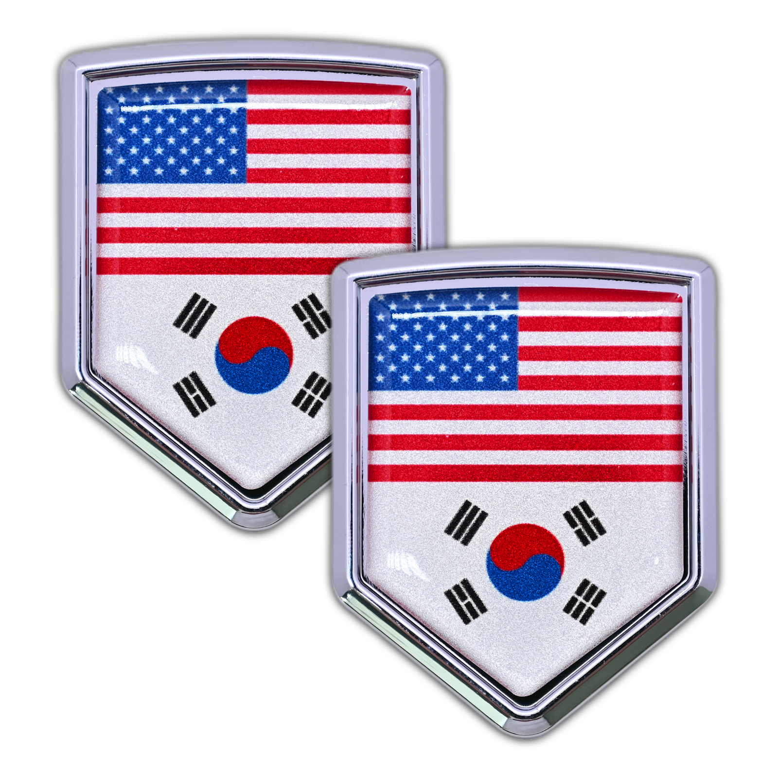 Xalvoria 2-pack dual flag car emblem stickers featuring United States and South Korea flags in a shield design, chrome-finish automotive badge decals for vehicle exterior decoration