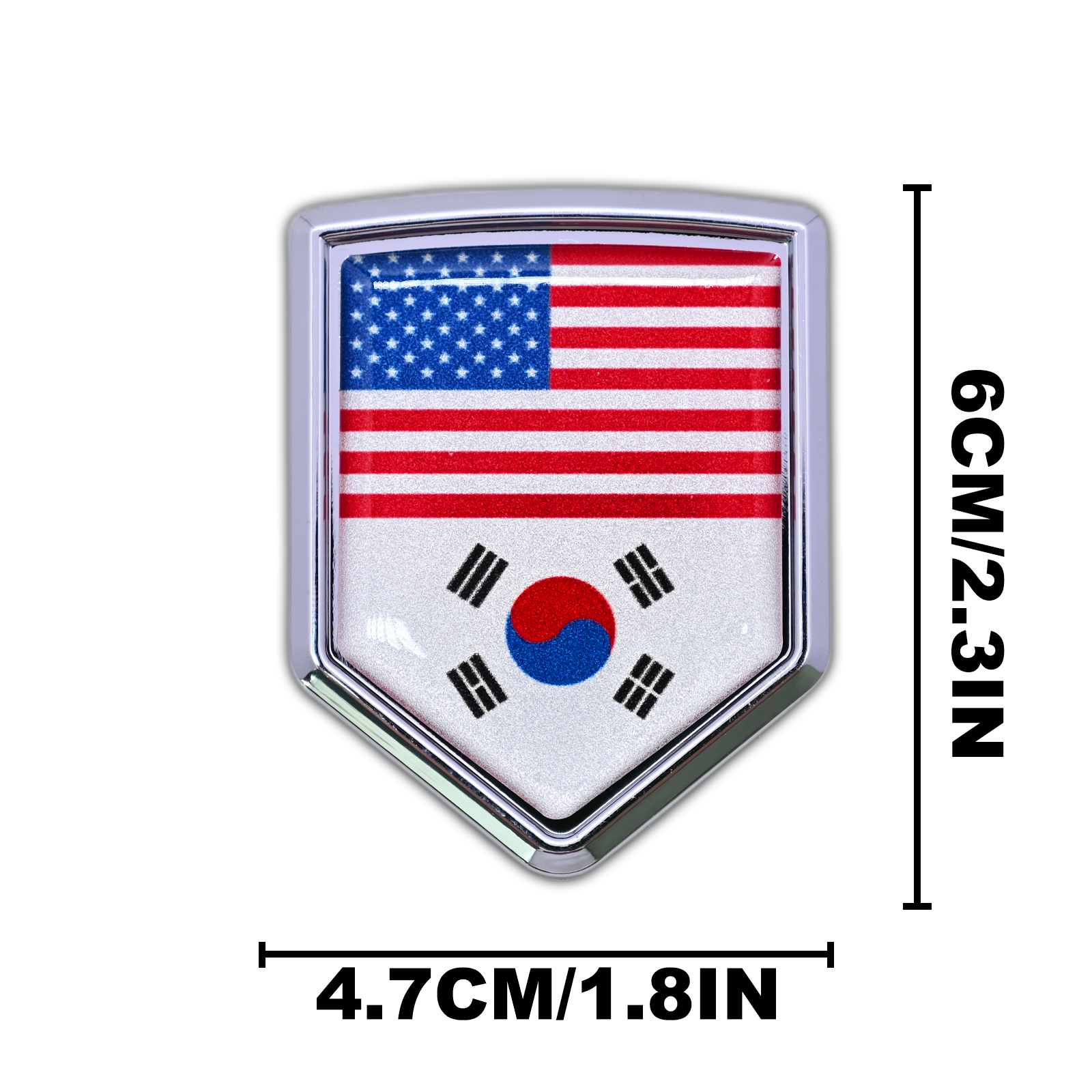 Xalvoria dual flag car emblem sticker featuring United States and South Korea flags in a shield shape, approx. 2.3 in height x 1.8 in width, chrome-style automotive badge decal size reference
