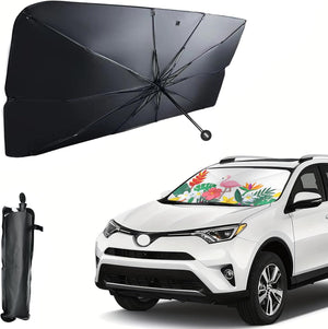 Xalvoria flamingo tropical car windshield sunshade showing foldable back design with umbrella structure and storage bag