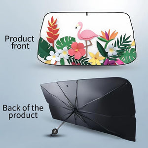 Xalvoria flamingo tropical floral car windshield sunshade showing front design and back structure with foldable umbrella-style framea