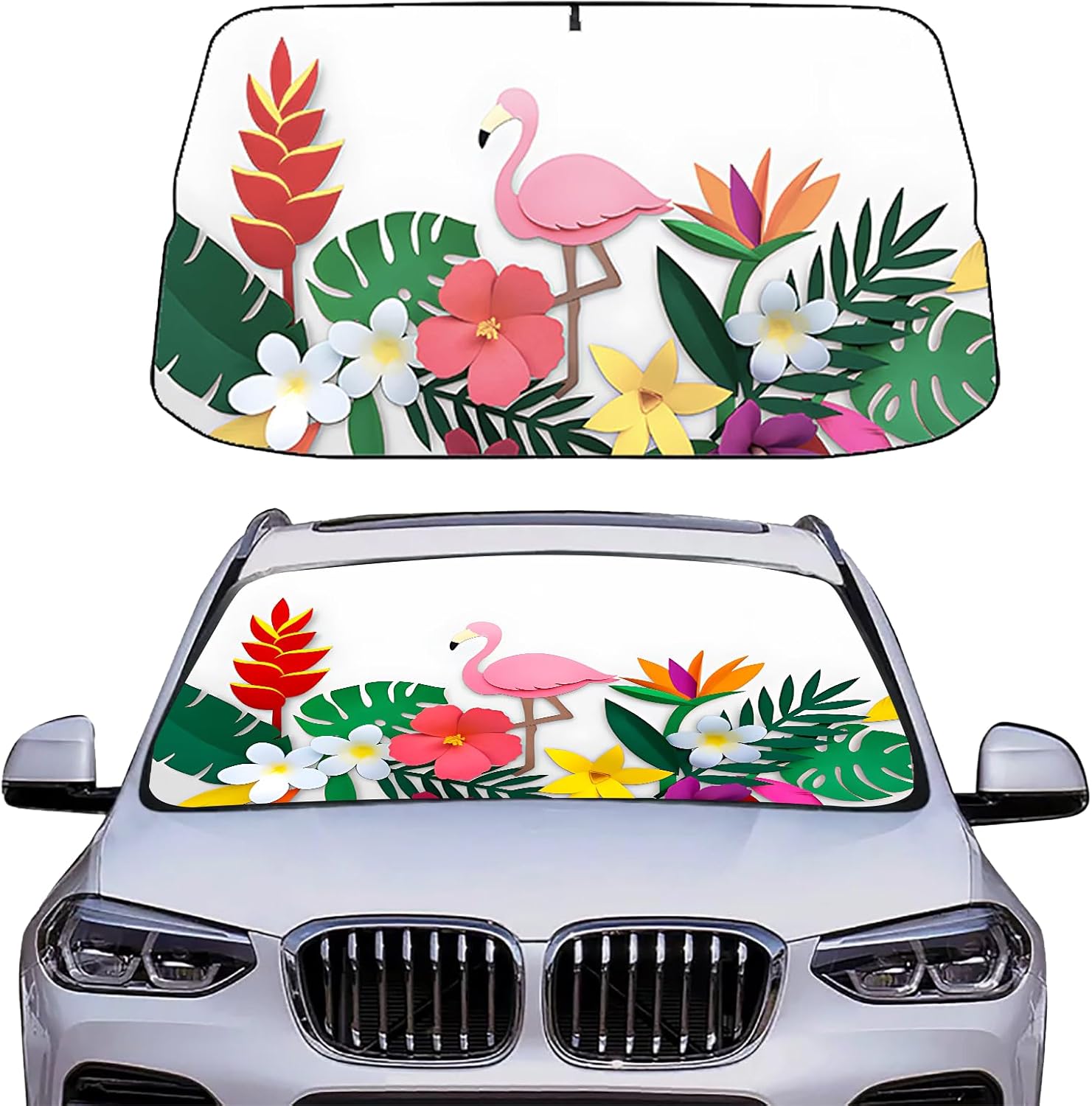 Xalvoria flamingo tropical floral car windshield sunshade displayed on vehicle front with colorful floral design