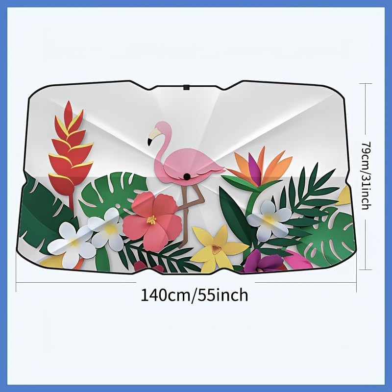 Xalvoria flamingo tropical floral car windshield sunshade showing full size dimensions 55 inches by 31 inches with colorful floral design