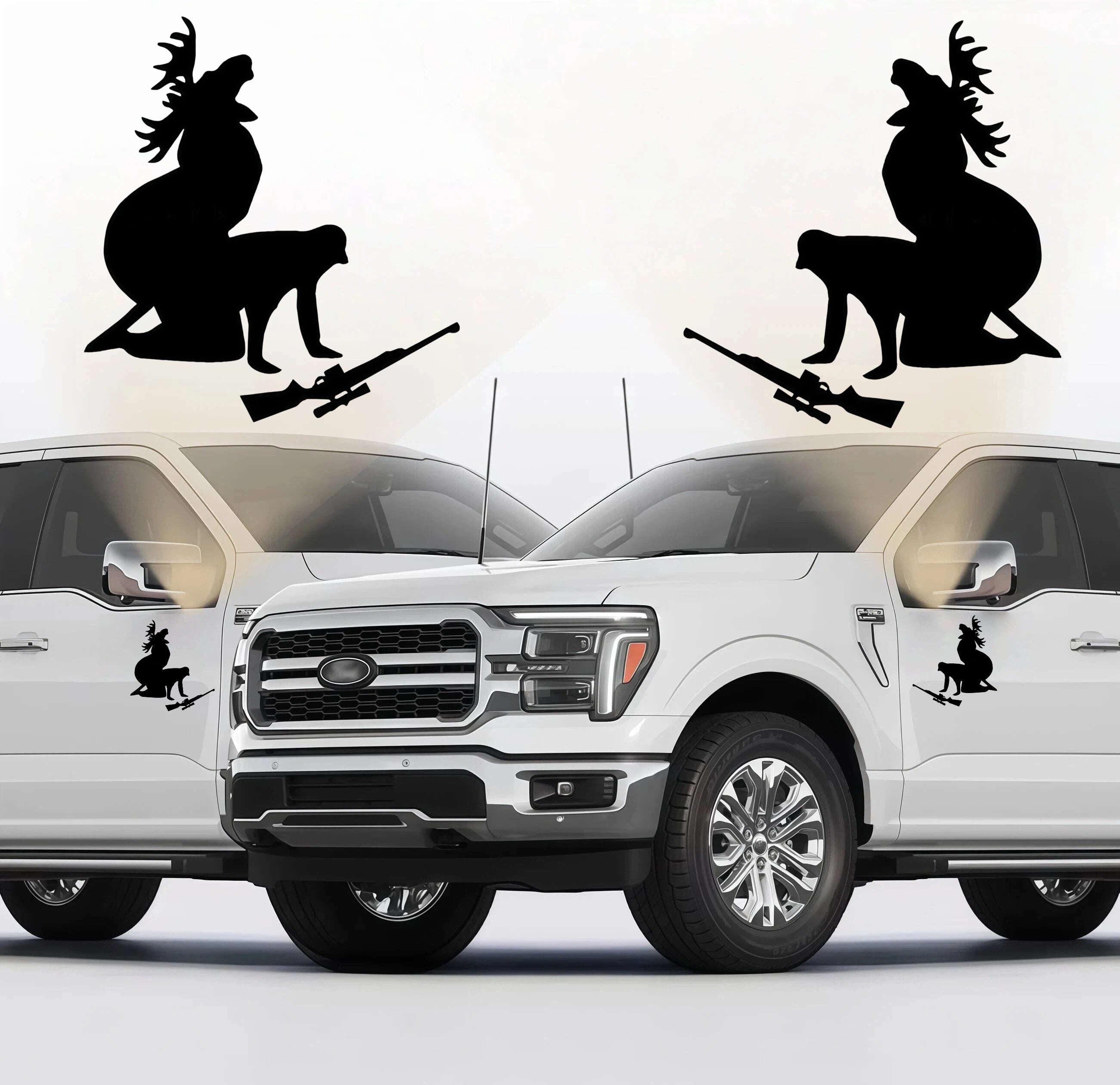 Xalvoria 2-pack hunting deer and rifle truck decals in black silhouette style, applied on both sides of a pickup truck to showcase outdoor hunting culture and rugged vehicle personalization.