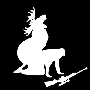 White moose hunter silhouette vinyl decal on black background, hunting rifle graphic sticker design