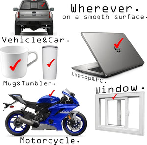Xalvoria vinyl decal usage guide showing application on vehicles, laptops, mugs, tumblers, motorcycles, and windows, demonstrating suitability for various smooth surfaces in everyday scenes.