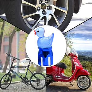Blue duck valve stem cap on a car, bicycle, and scooter wheel, cute decorative tire accessory for cars, bikes, and motorcycles.
