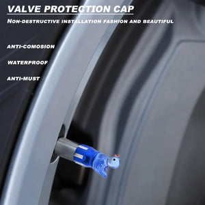 Blue duck-shaped valve stem cap installed on a car wheel, highlighting waterproof and anti-corrosion protection features.