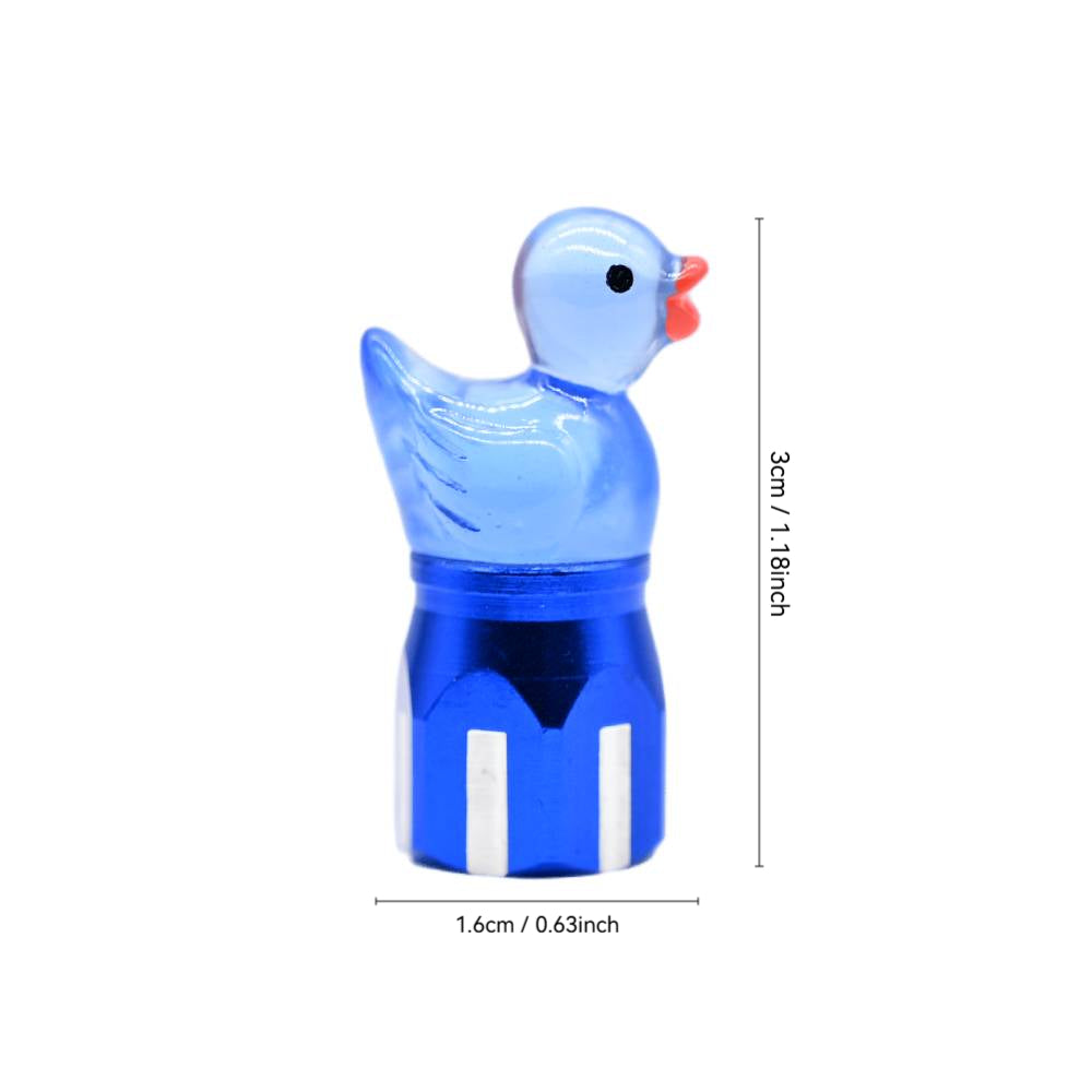 Blue duck-shaped valve stem cap with size details shown, measuring 3 cm tall and 1.6 cm wide, featuring a cute duck design.