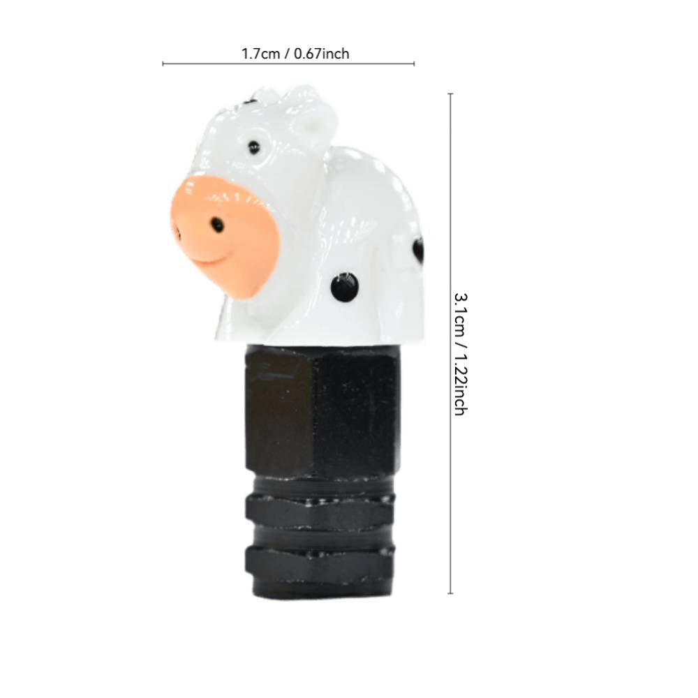 Size chart of the cute cow valve stem cap, measuring 3.1 cm in height and 1.7 cm in width, featuring a white ceramic animal design.