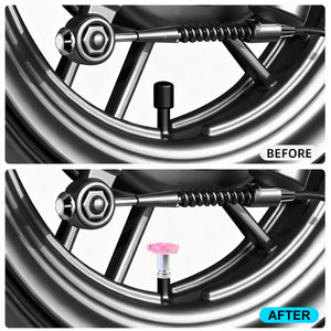 Before and after comparison showing installation of the pink plumeria valve stem cap on a motorcycle wheel – Xalvoria