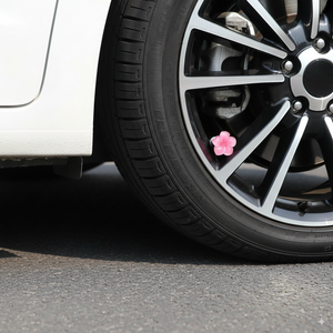 Pink plumeria valve stem cap displayed on a car wheel in an outdoor setting – Xalvoria