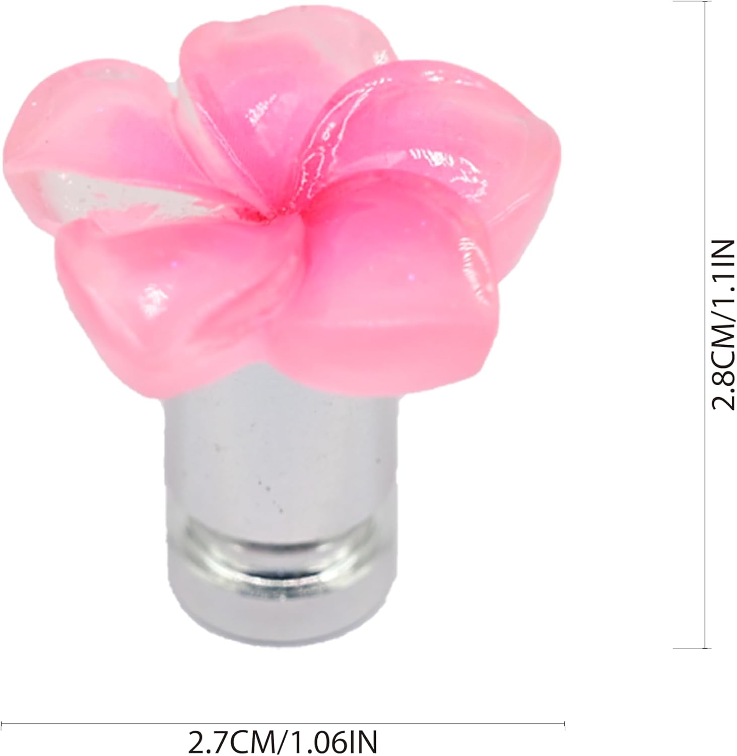 Pink plumeria flower valve stem cap size reference showing 2.8 cm height and 2.7 cm width – Xalvoria