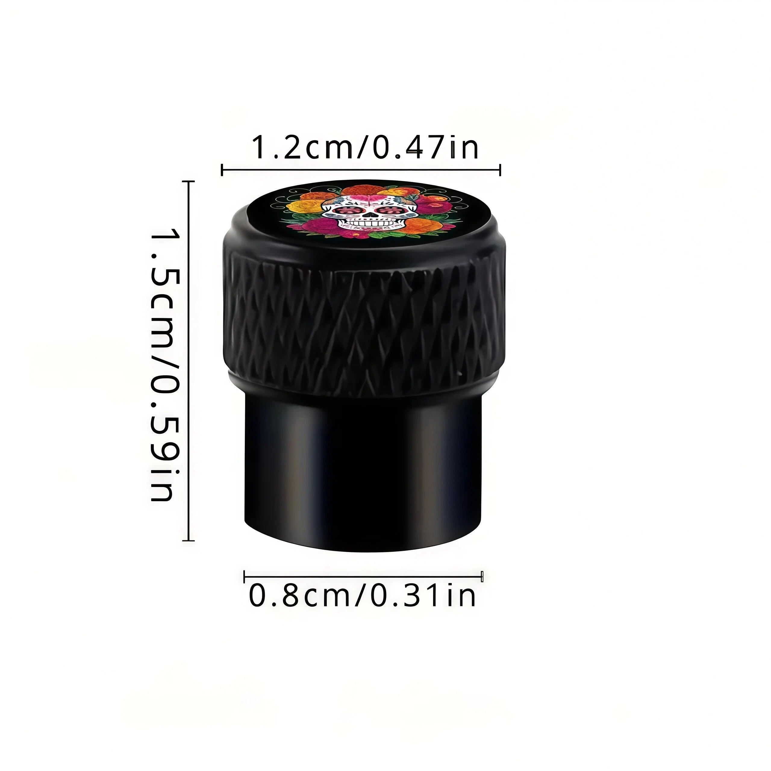 Xalvoria sugar skull valve stem cap dimensions: 1.2 cm diameter, 1.5 cm height, and 0.8 cm base diameter. Durable aluminum base, Schrader valve fit.