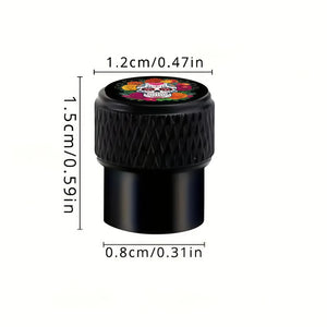 Xalvoria sugar skull valve stem cap dimensions: 1.2 cm diameter, 1.5 cm height, and 0.8 cm base diameter. Durable aluminum base, Schrader valve fit.
