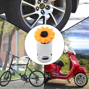 Sunflower valve stem cap shown on car, bike, and scooter, decorative floral tire accessory for multiple vehicles