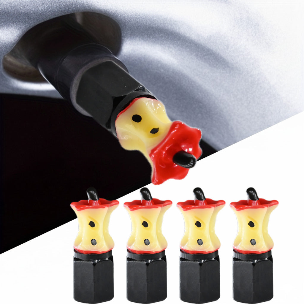 Xalvoria Apple Core 4-pack valve stem caps shown in installation and product lineup view