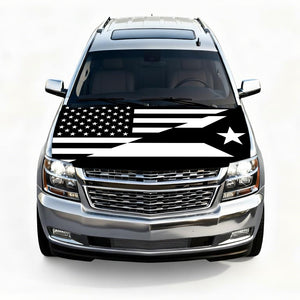 Xalvoria black and white Puerto Rico flag car hood cover displayed on a silver SUV.