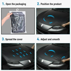 Xalvoria car hood cover installation guide showing packaging opening positioning spreading and smoothing steps