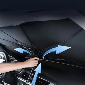 Xalvoria car windshield sunshade installation guide showing umbrella-style opening and positioning directions