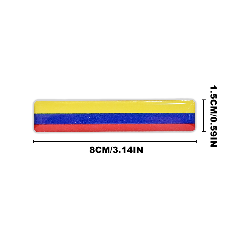 xalvoria Colombia flag resin emblem size chart showing 3.14in by 0.59in dimensions