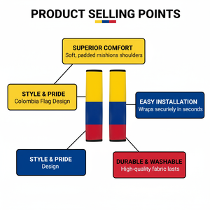 Xalvoria Colombia flag seat belt shoulder pads showing product selling points including superior comfort, easy installation, durable washable fabric, and stylish cultural design.