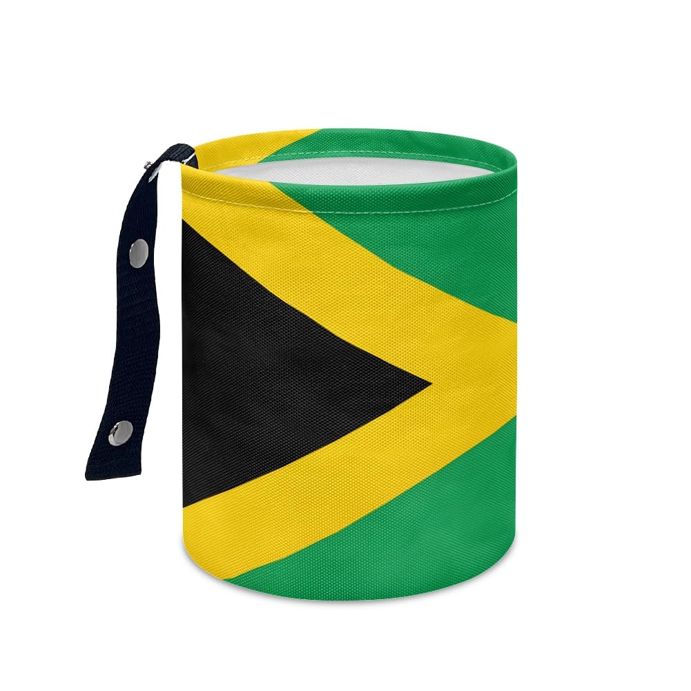 Xalvoria Jamaica flag car trash can with green yellow and black design, portable hanging vehicle organizer with snap strap.