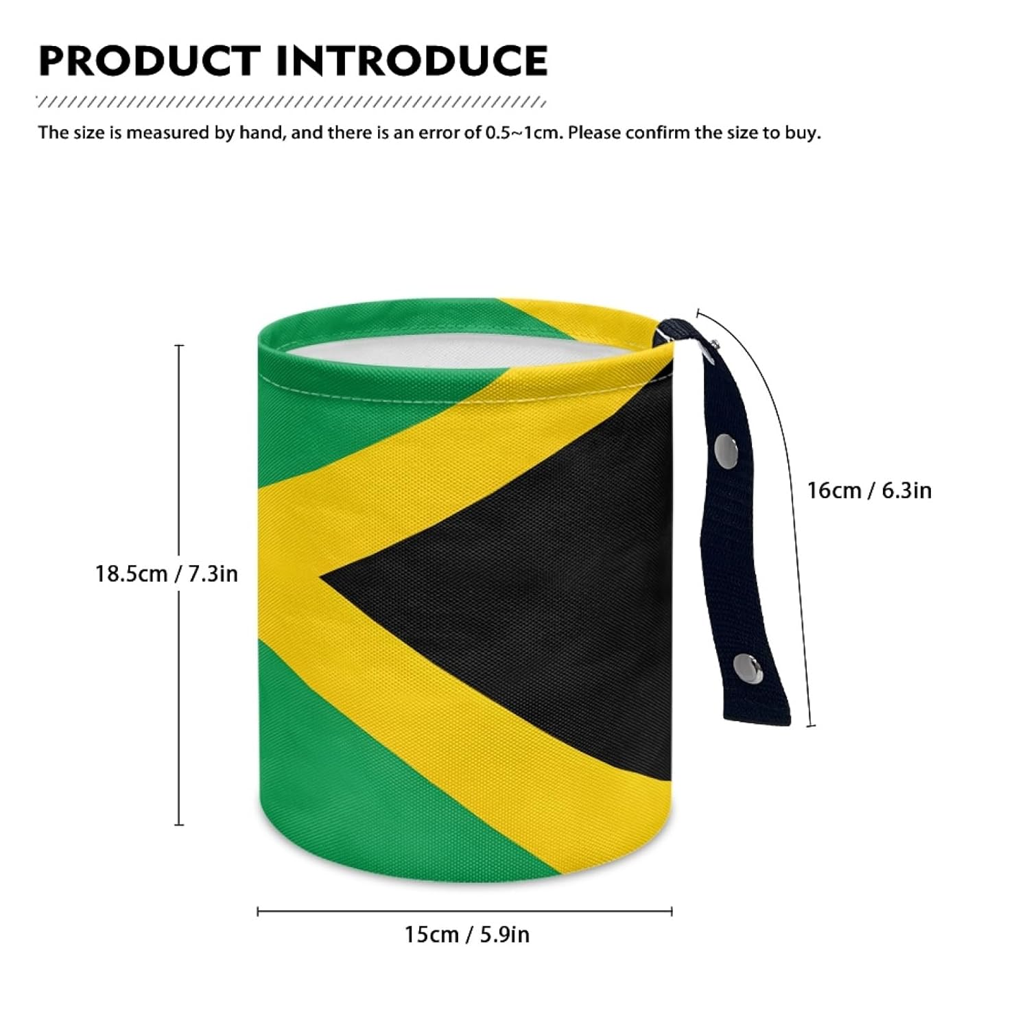 Xalvoria Size chart of Jamaica flag car trash can showing 7.3in height, 5.9in diameter, and 6.3in hanging strap length.