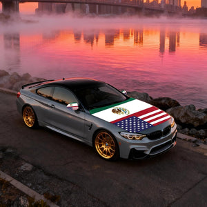 Xalvoria Mexico USA flag car hood cover on a sporty coupe near the lakeside at dusk, emphasizing the stylish cultural fusion design.