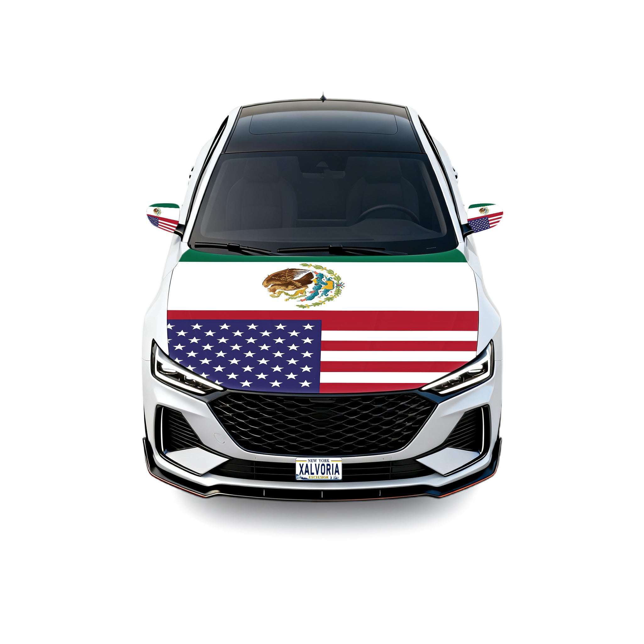 Xalvoria Mexico and USA combined flag car hood cover shown on a white vehicle from the front view