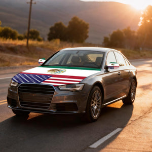 Xalvoria Mexico USA flag hood cover fitted on a sedan at sunset, highlighting the vibrant blended flag artwork across the hood.