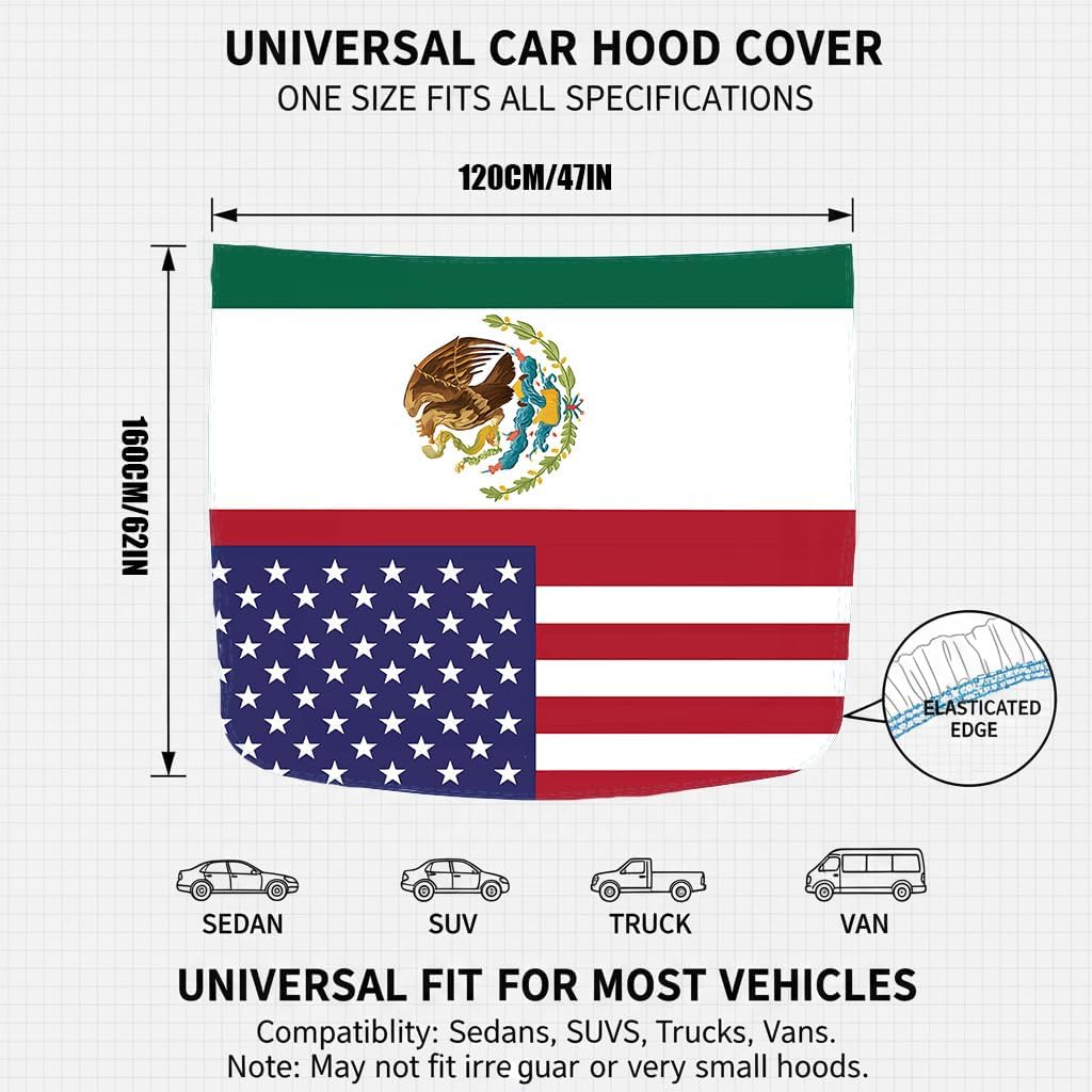 Xalvoria Mexico and USA flag car hood cover size chart showing 47 inch width and 62 inch height with elasticated edge design