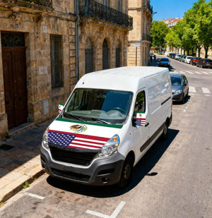 Xalvoria Mexico USA flag hood cover displayed on a van parked on a city street, showing the universal-fit cover with a distinctive dual-flag pattern.