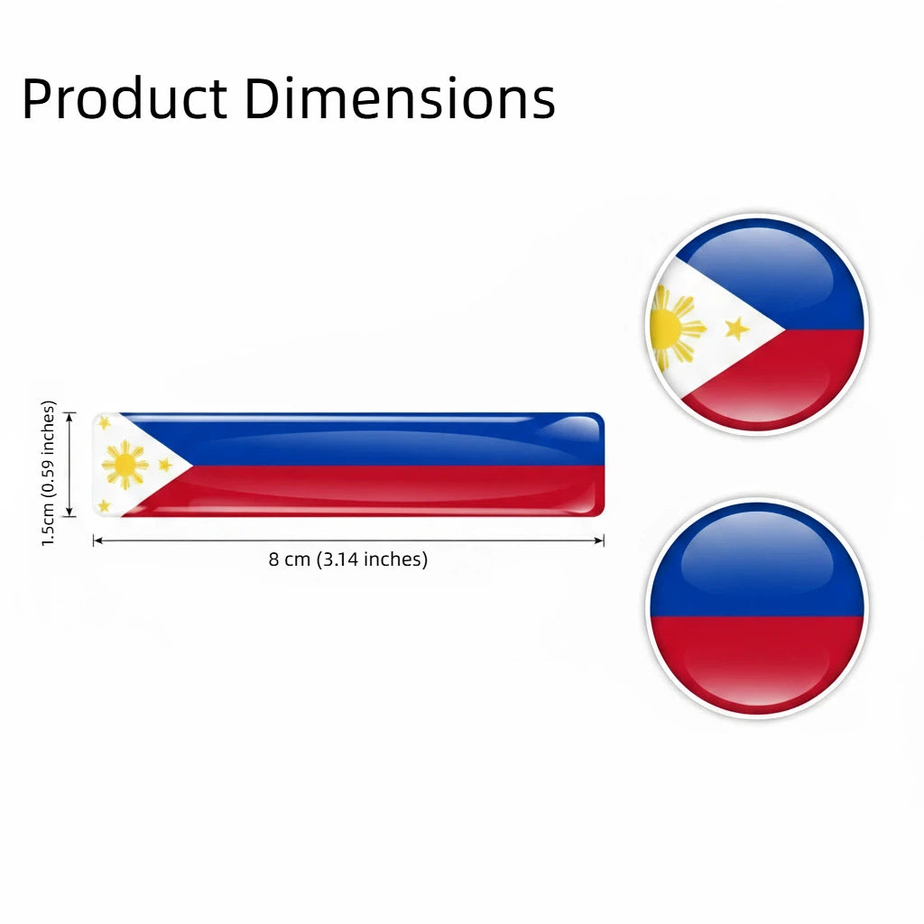 Xalvoria Philippines flag 3D epoxy rectangular sticker size chart showing 8cm by 1.5cm dimensions