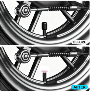 Xalvoria pink cherry blossom valve stem caps shown in a before and after comparison on a wheel valve.