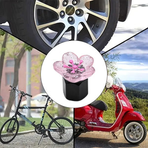 Xalvoria pink cherry blossom valve stem cap shown in multiple usage scenarios on cars, bicycles, and scooters.