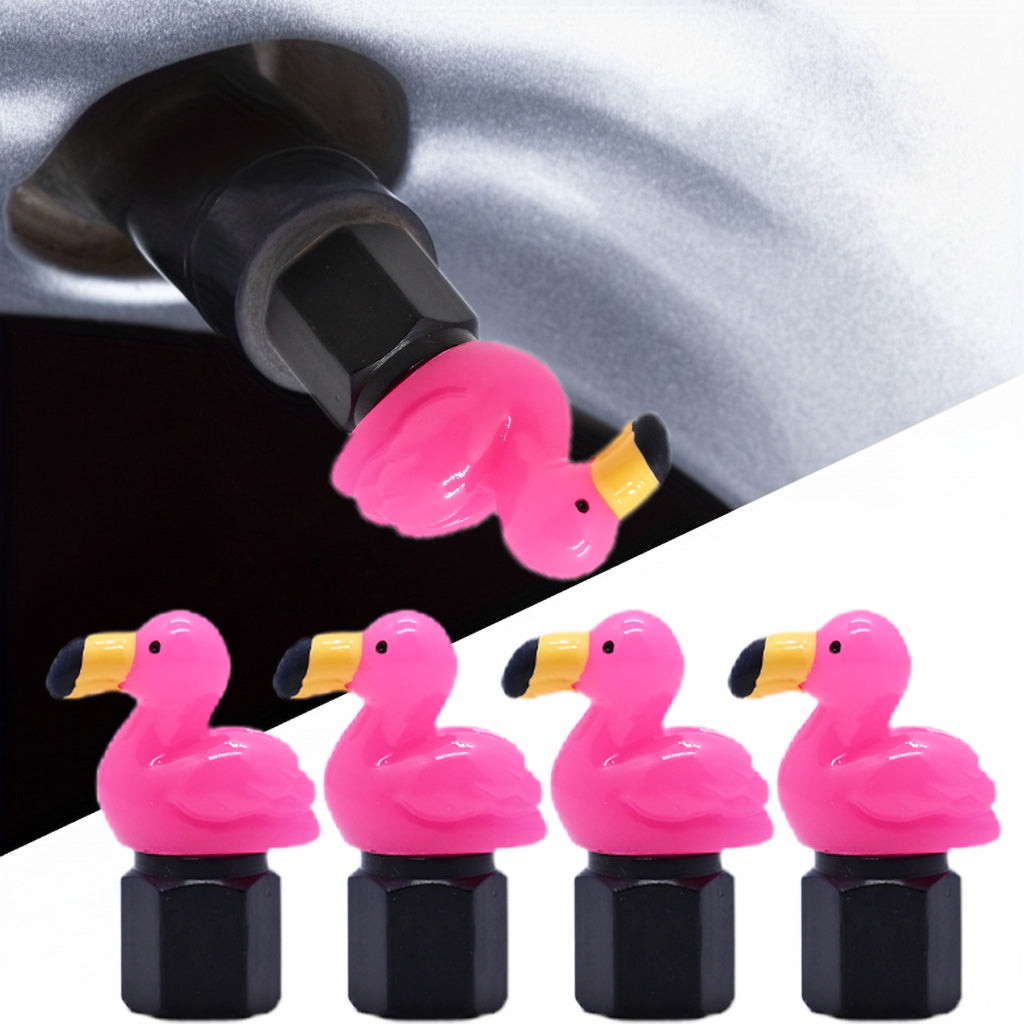 Xalvoria pink flamingo valve stem cap installed on a car tire valve, showing the bright flamingo topper and black metal base in detail.