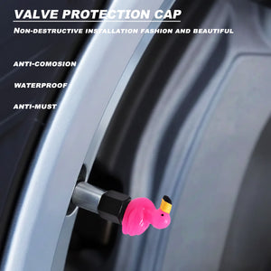 Xalvoria pink flamingo valve stem cap shown on car wheel with valve protection features highlighted such as anti-corrosion waterproof and dustproof