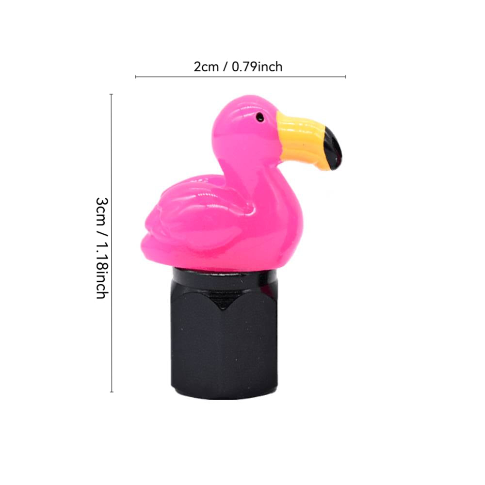 Xalvoria pink flamingo valve stem cap size chart showing 0.79in width and 1.18in height with detailed resin topper and black metal base.