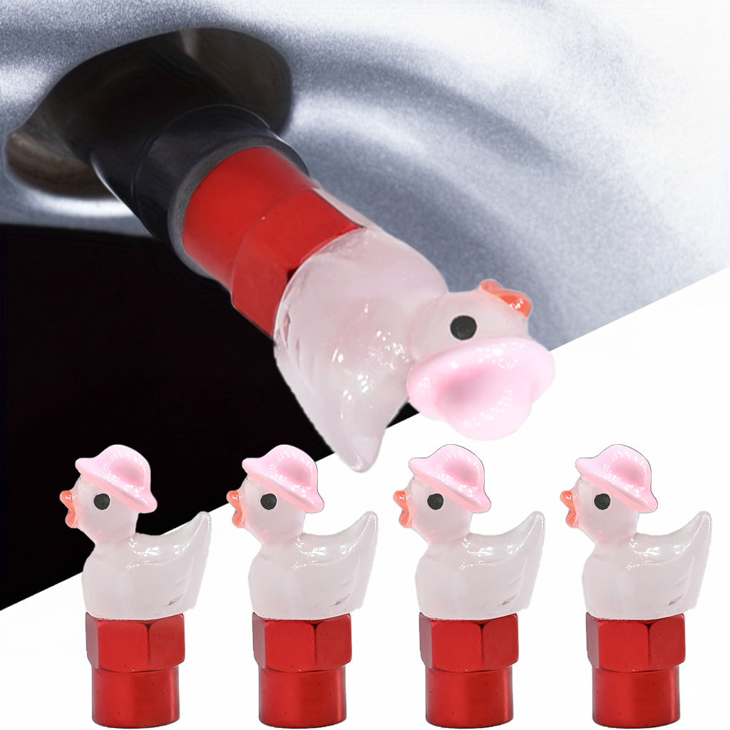 Xalvoria Pink Hat Duck 4-pack valve stem caps shown in installation and product lineup view