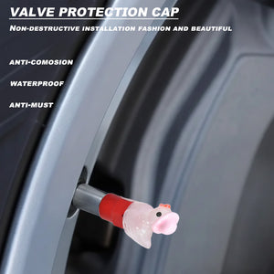 Xalvoria Pink Hat Duck valve stem cap shown on wheel for protection demonstration