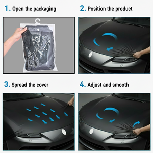 Xalvoria PR hood cover installation guide showing packaging opening, positioning, spreading the cover, and adjusting steps