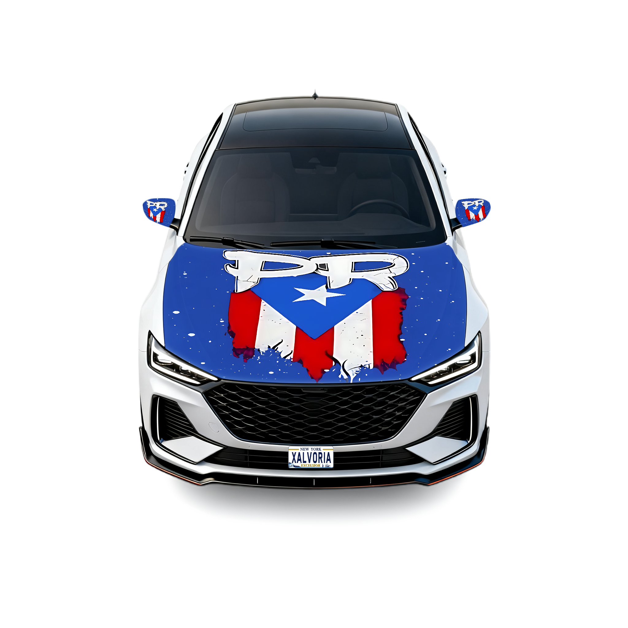 Xalvoria PR letters & starry design Puerto Rico flag car hood and mirror covers featuring bold blue, red, and white flag design shown installed on vehicle front.