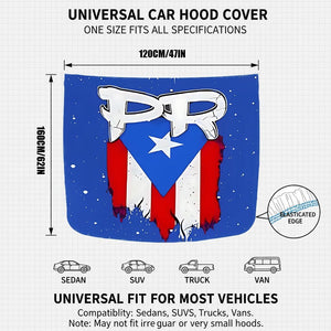 Xalvoria PR starry design Puerto Rico flag car hood cover size chart showing 47 x 62 inch universal fit for sedans, SUVs, trucks, and vans.